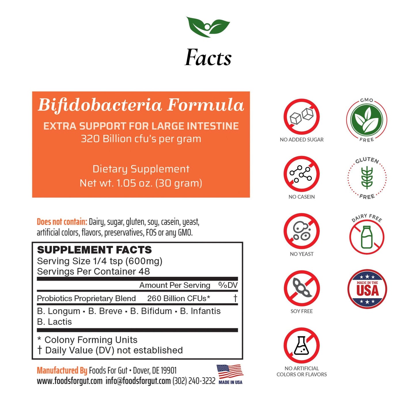 Foods For Gut Bifido Formula 320 Billion CFUs Powder 1.05 oz