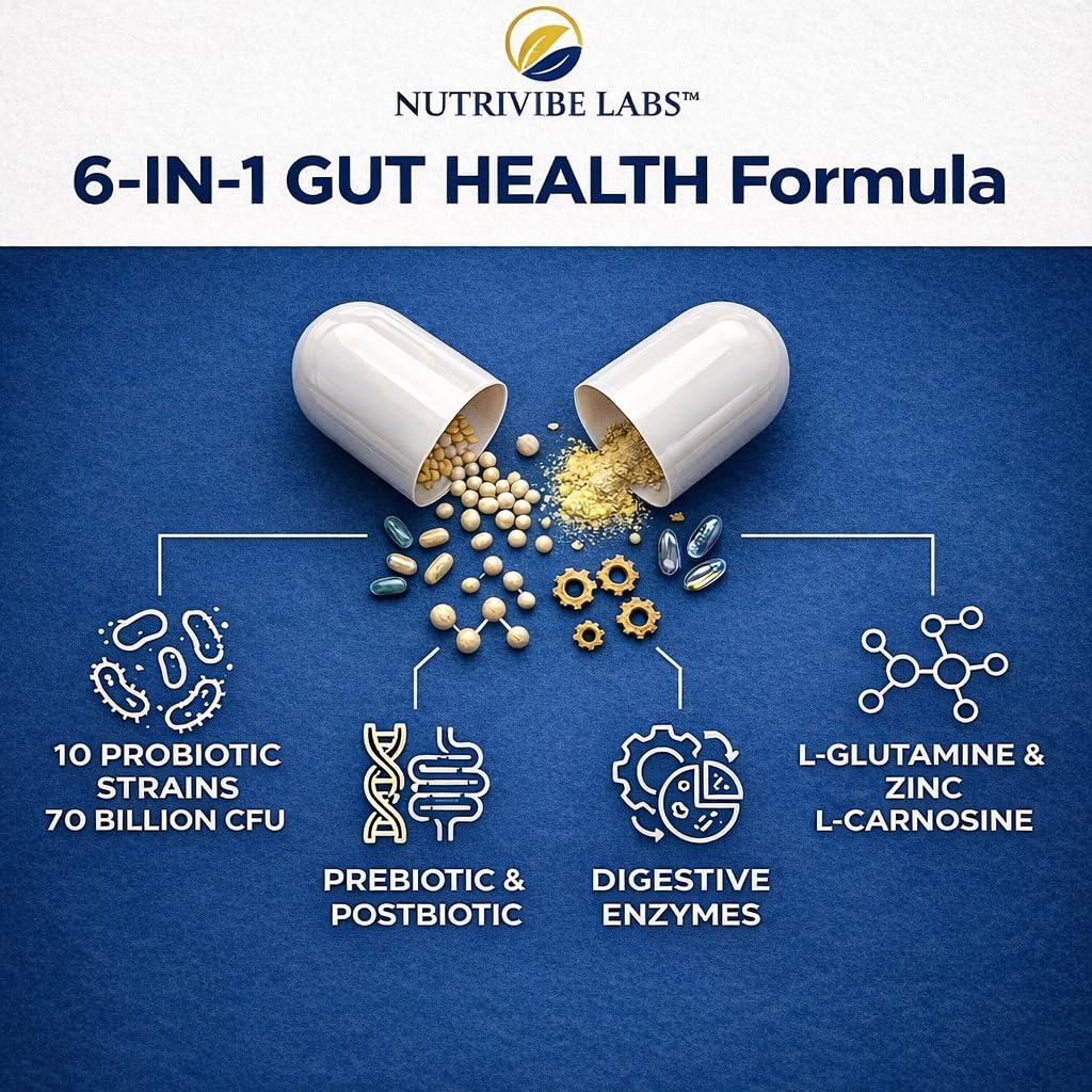 NUTRIVIBE LABS 6-in-1 Gut Health 70 Billion CFU Probiotics, Prebiotics, Postbiotics with Enzymes & L-Glutamine, Supports Digestive & Immune Health, Occasional Gas & Bloating, 60 Capsules