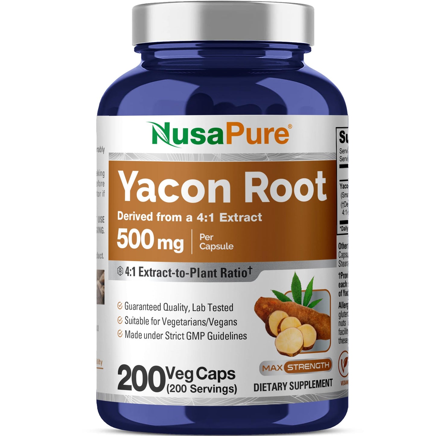 NusaPure Yacon Root Non-GMO Vegan 500mg Capsules, 200 Count
