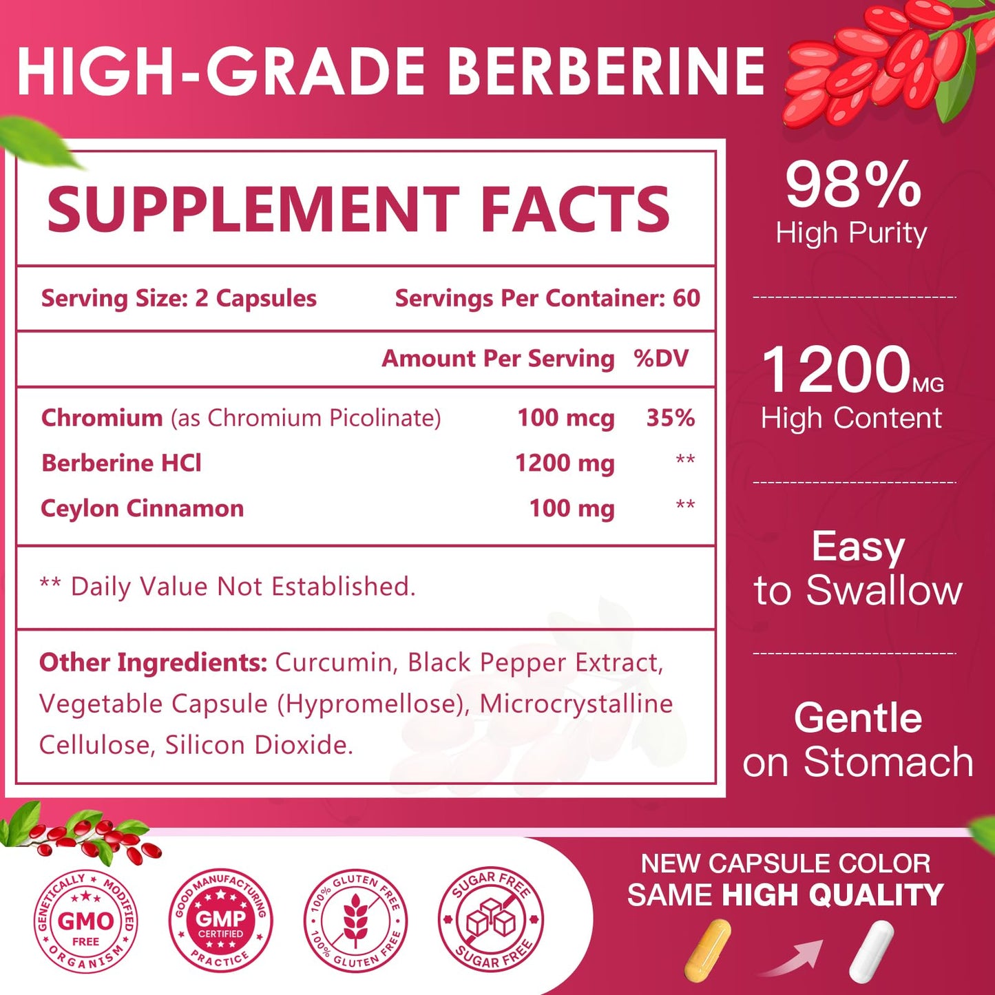 NATURE TARGET Berberine HCL 1200mg Capsules, 120 Capsules