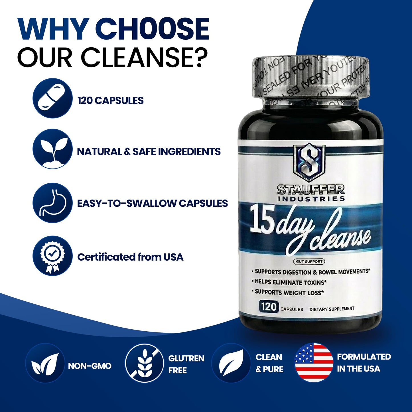 STAUFFER INDUSTRIES Colon Cleanse – 15 Day Cleanse Gut Support Supplement – Colon Cleanser with Psyllium Husk, Senna & Probiotics – Digestive Support for Women & Men, Capsules, 120