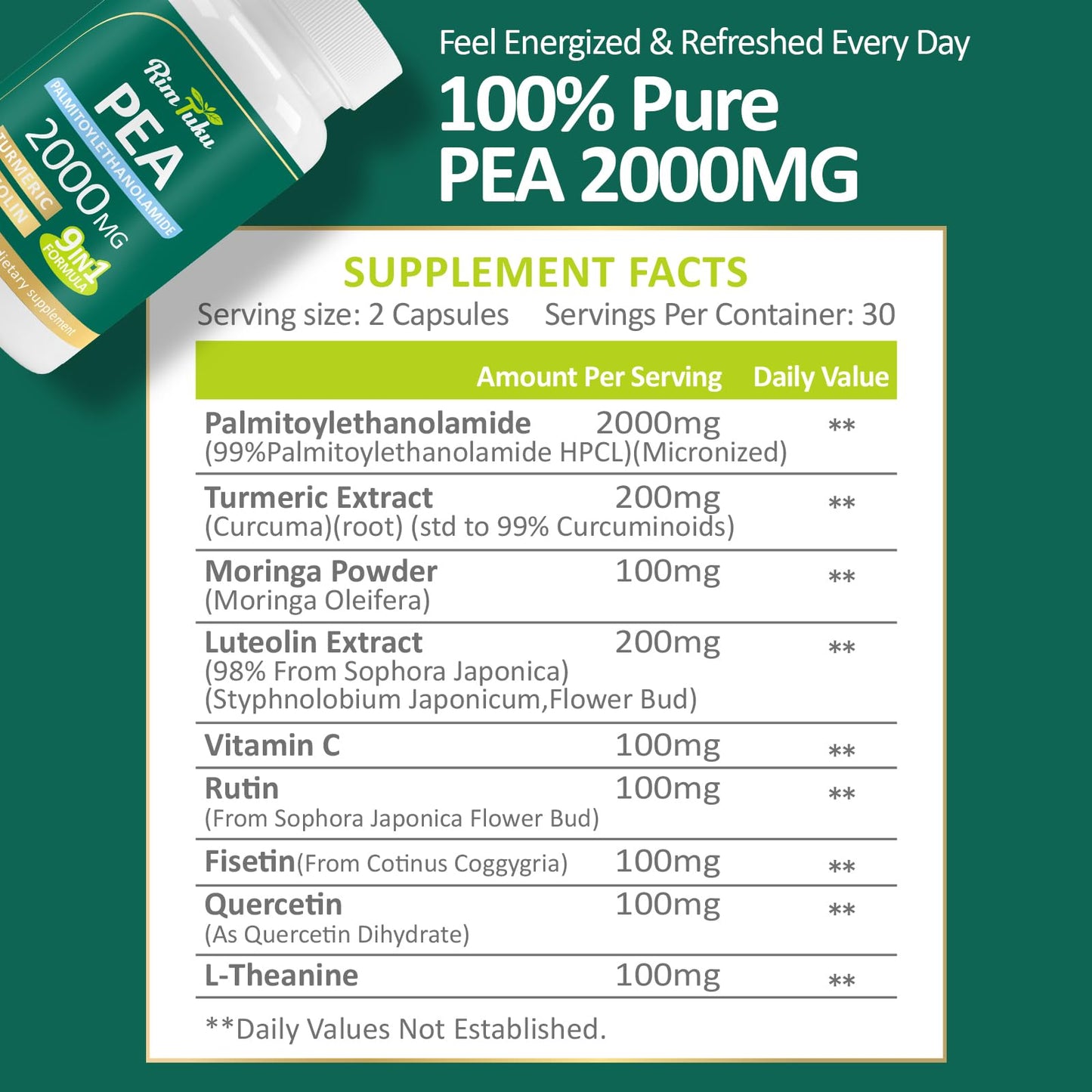 RimTuku Liposomal Palmitoylethanolamide 2000mg + Luteolin 200mg + Turmeric 200mg & Fisetin 100mg, Micronized Pea 99% Highly Purified Enhanced Absorption Pea Supplement, 120 Capsules