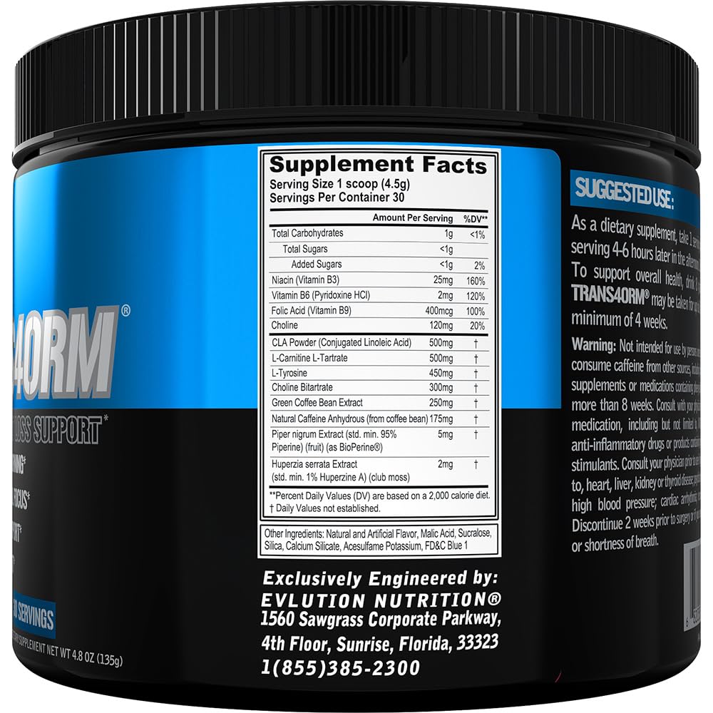 Evlution Trans4orm Thermogenic Fat Burning Support Powder Blue Raz 5.1 Ounce