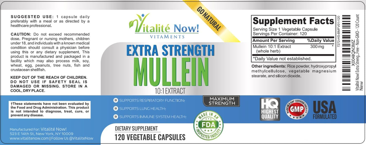 Vitalité Now! Extra Strength Mullein Capsules 100% Whole Herb 10:1 Extract, 120 Count