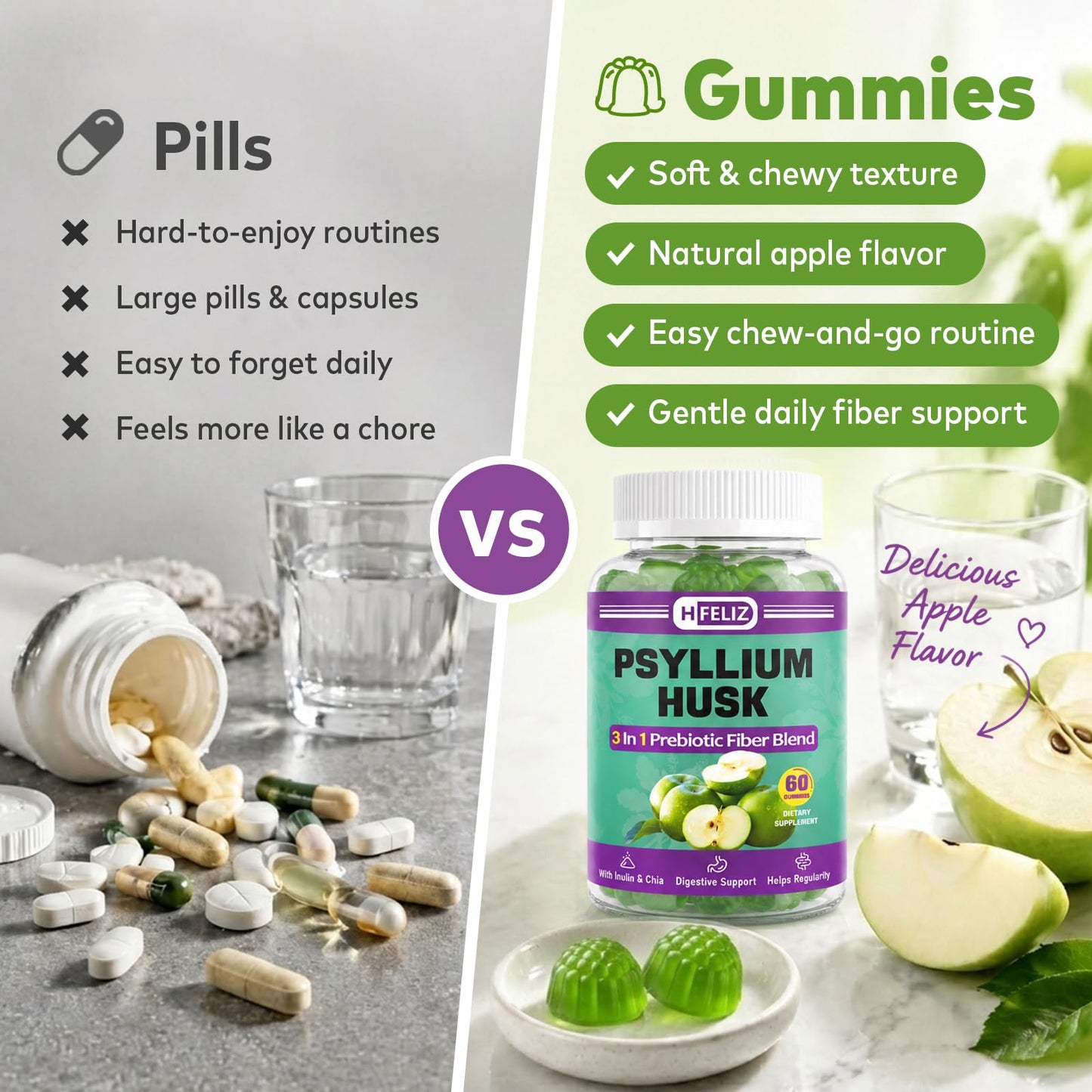 HFELIZ Psyllium Husk Fiber Gummies, Digestive Support, 60 Count