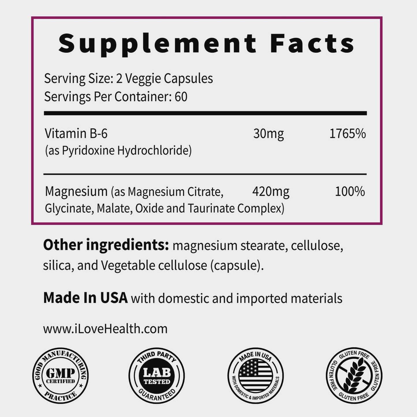 I LOVE HEALTH Magnesium Glycinate Complex 420mg with Vitamin B6 – High Absorption Magnesium for Sleep, Muscle & Nerve Support, 120 Capsules