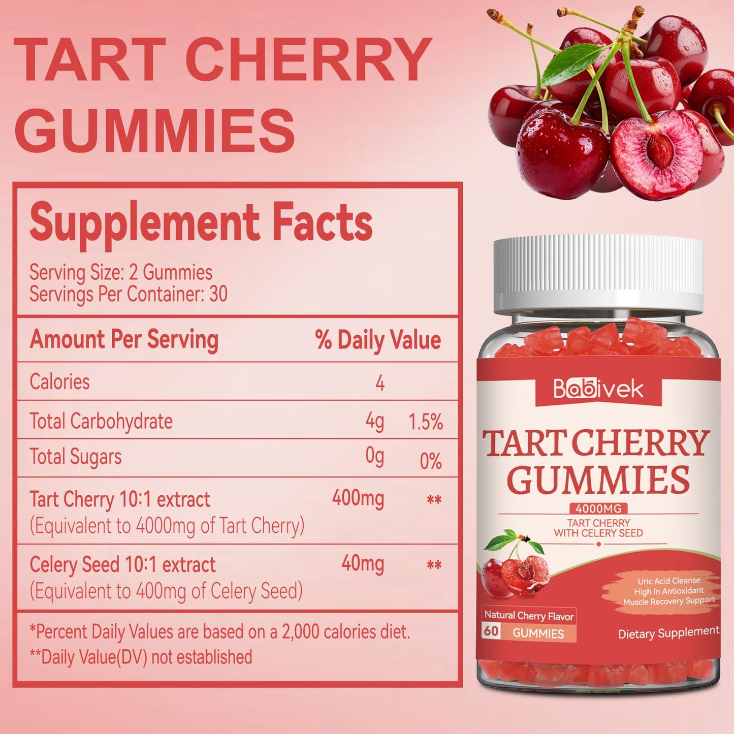 Babivek Tart Cherry Gummies with Celery Seed Extract 4000mg Gummy 60