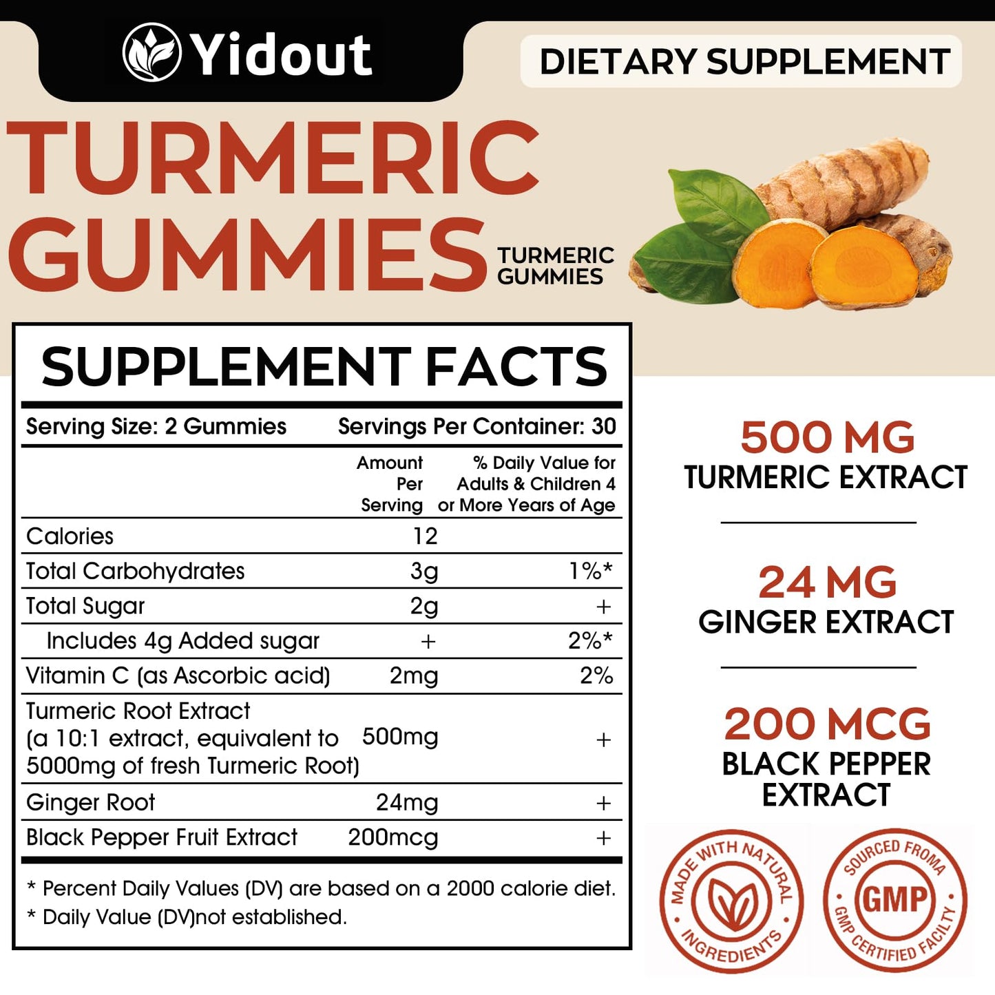 Yidout 500mg Turmeric Curcumin Gummies, Ginger Black Pepper High Absorption, Mango, 120 Gummies