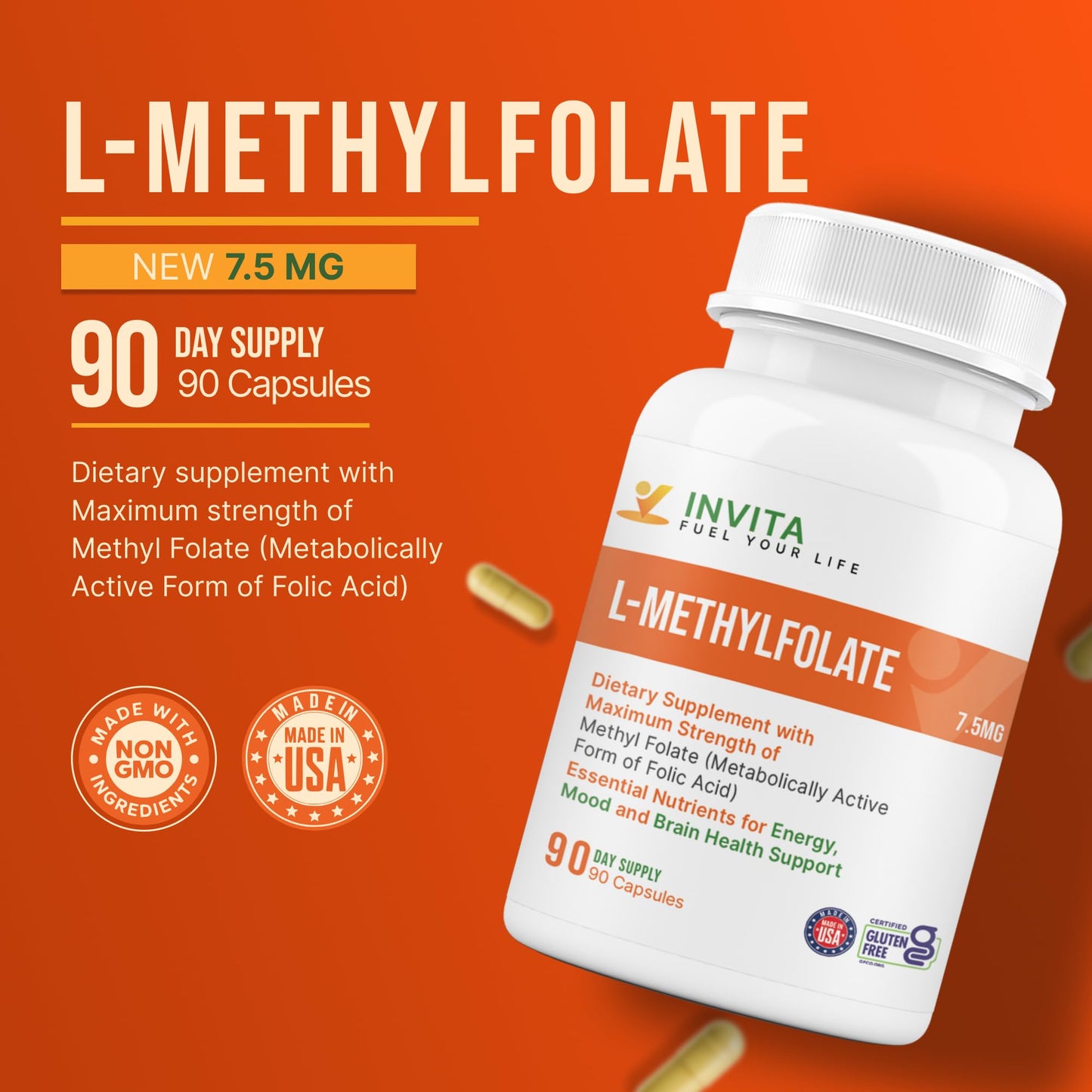 INVITA L-Methylfolate 7.5mg 5-MTHF Capsule, 90 Count