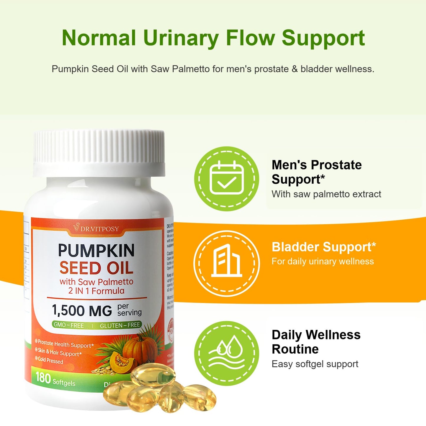 DR.VITPOSY Pumpkin Seed Oil with Saw Palmetto Softgels, 180 Count