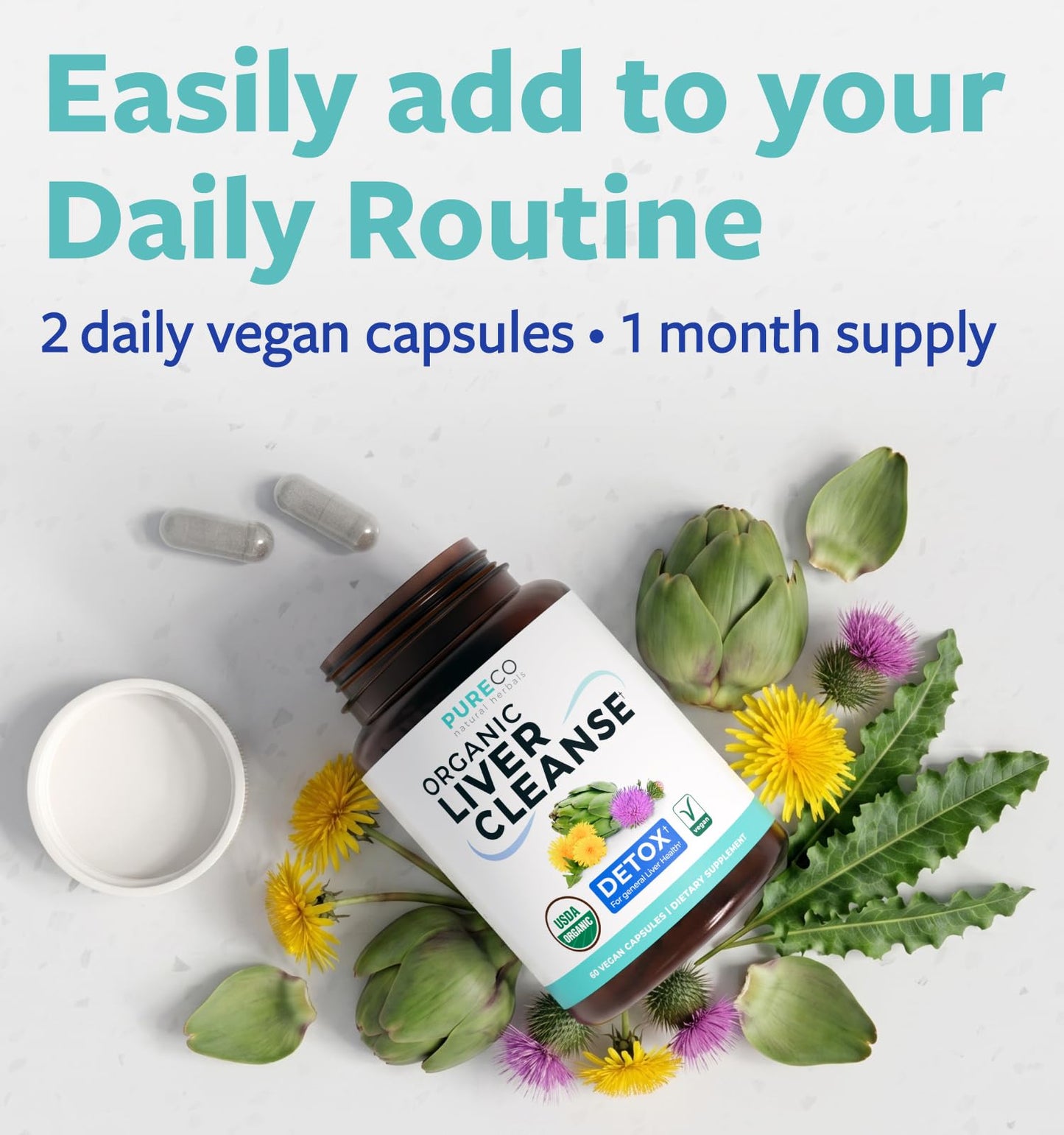 PURE CO Milk Thistle and Dandelion Root Silymarin Liver Detox Formula with Artichoke Extract Capsules, 60 Count