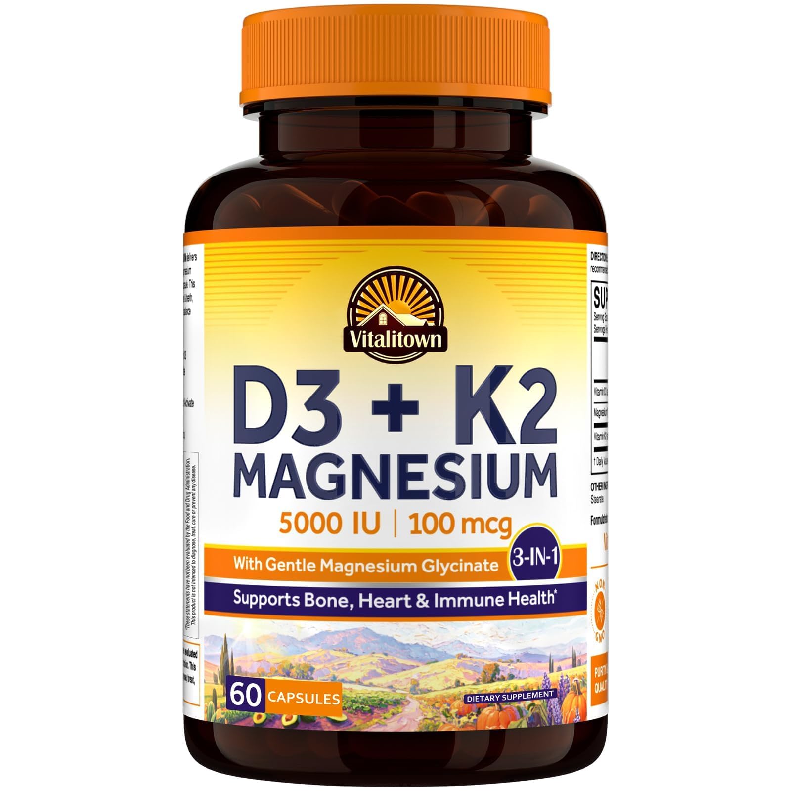 Vitalitown Vitamin D3 K2 with Magnesium Capsules, 60 Count