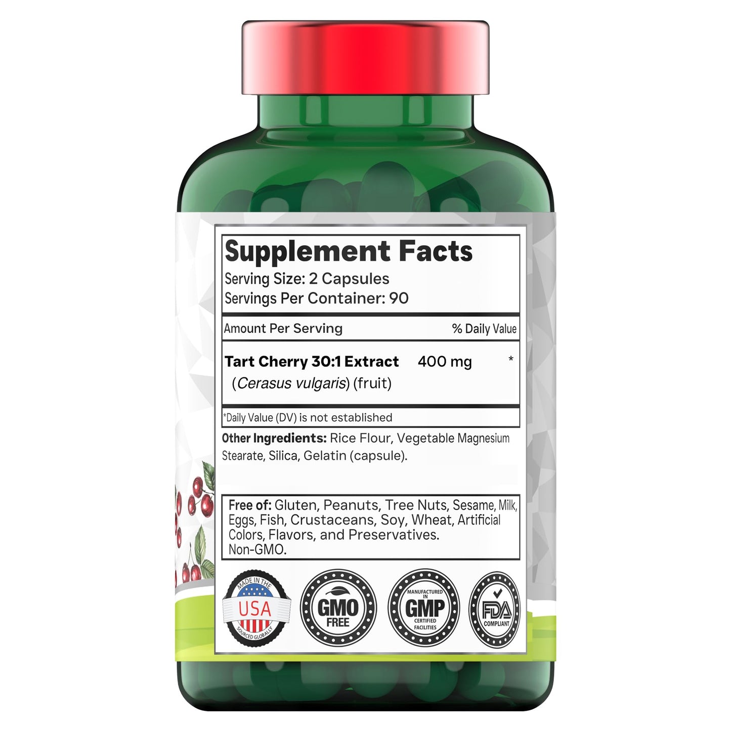 tnvitamins Tart Cherry 400 mg 30:1 Extract Capsules, 180 Count