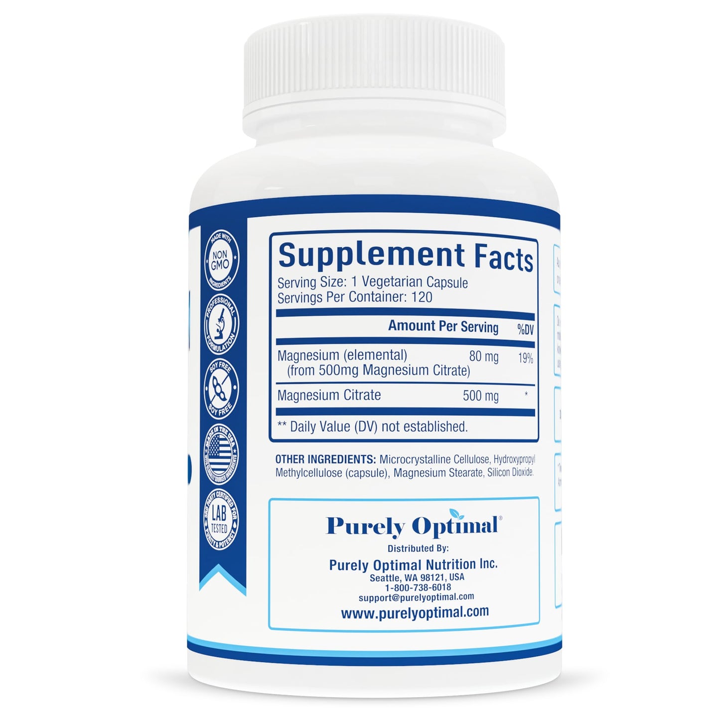 Purely Optimal Magnesium Citrate 500mg Capsules, 120 Count