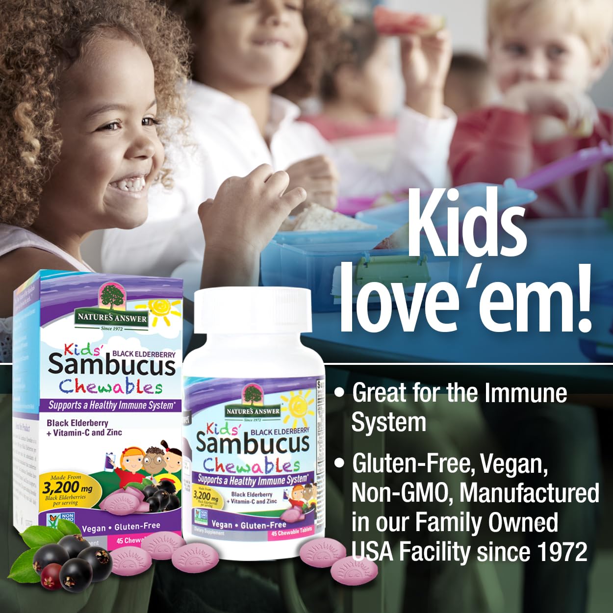 Nature's Answer Kids Sambucus Chewables 3200 mg Tablets, 45 Tablets