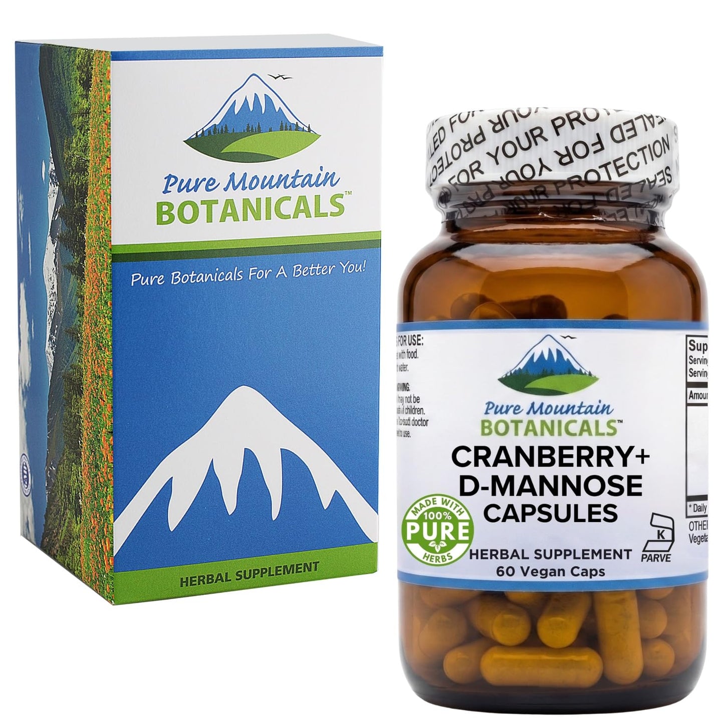 Pure Mountain Botanicals D-Mannose with Cranberry 1000mg Capsules, 60 Count