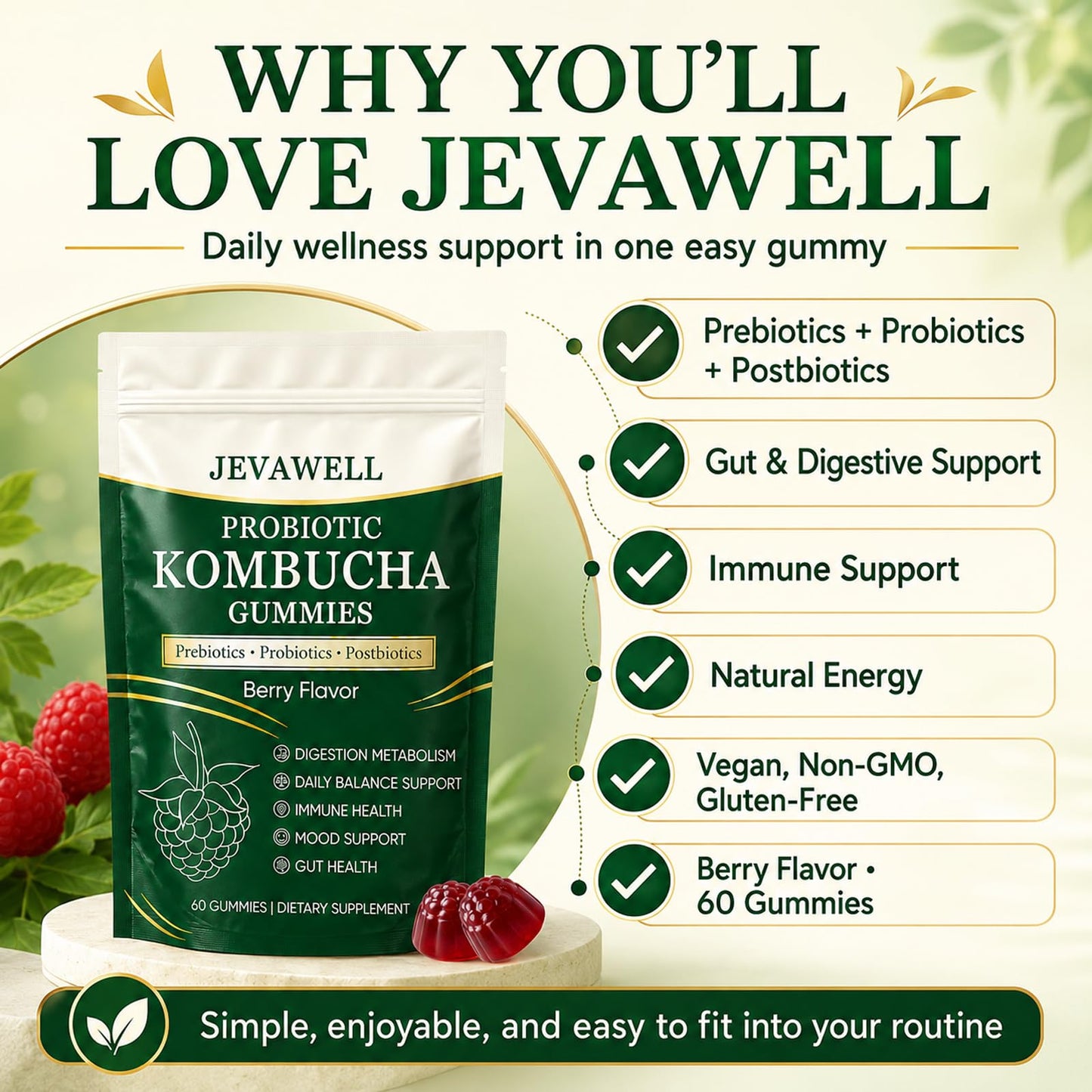 VivaMelhor Jevawell Kombucha Gummies Probiotic Digestive Health Supplement with Organic Prebiotics for Gut Health, Immune Boost, and Natural Energy – Vegan, Non-GMO, Gluten-Free, 120 Gummies (Pack of 2)