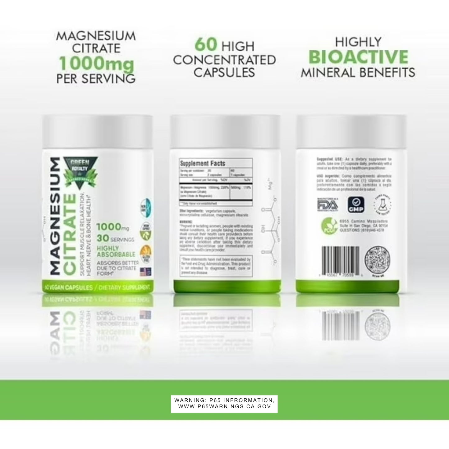GREEN ROYALTY Magnesium Citrate 1000mg Capsules, 60 Count
