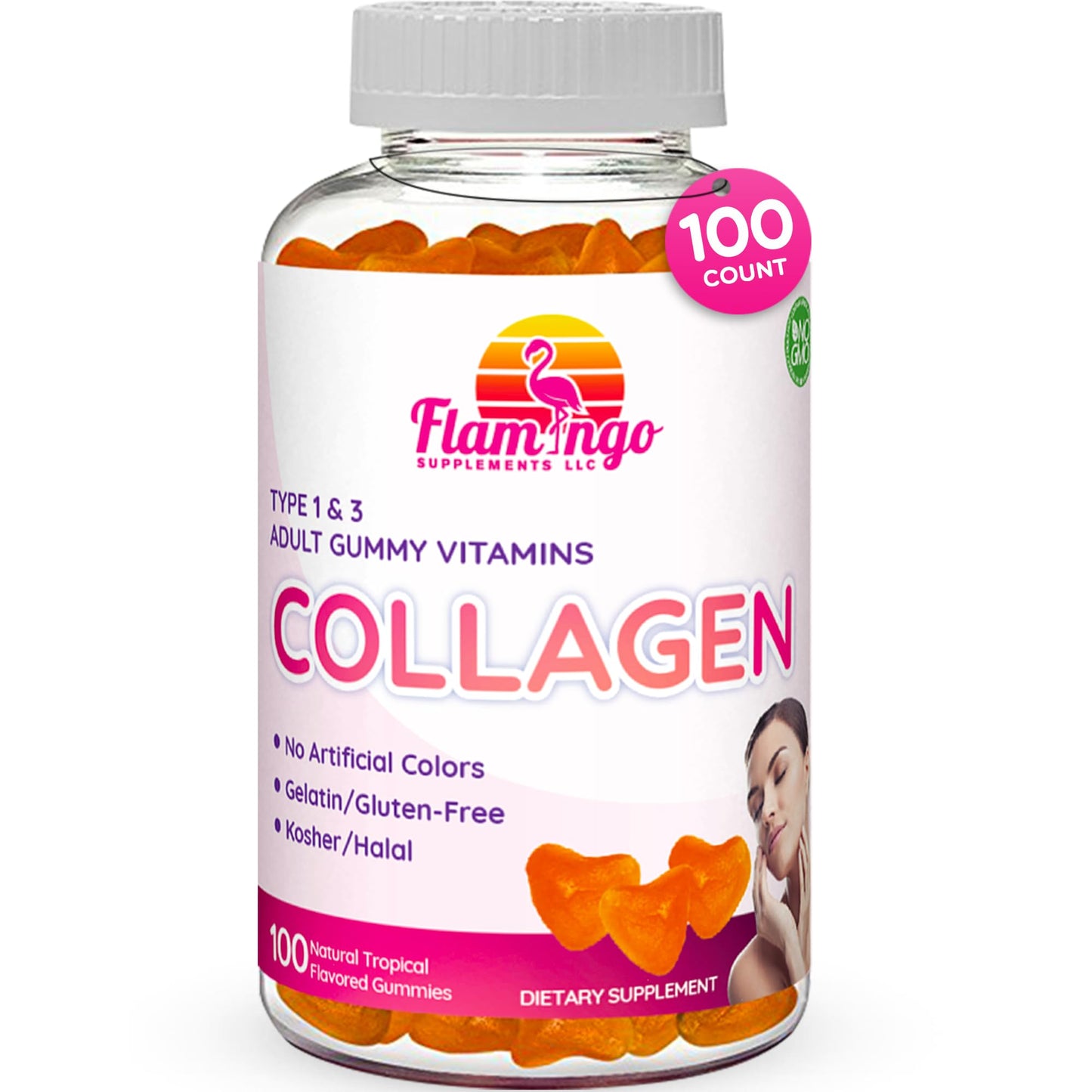 Flamingo Supplements Collagen Gummies, Natural Marine Collagen for Women and Men, Hydrolyzed Types I & II, No Gelatin, Kosher, Halal, 100 Count