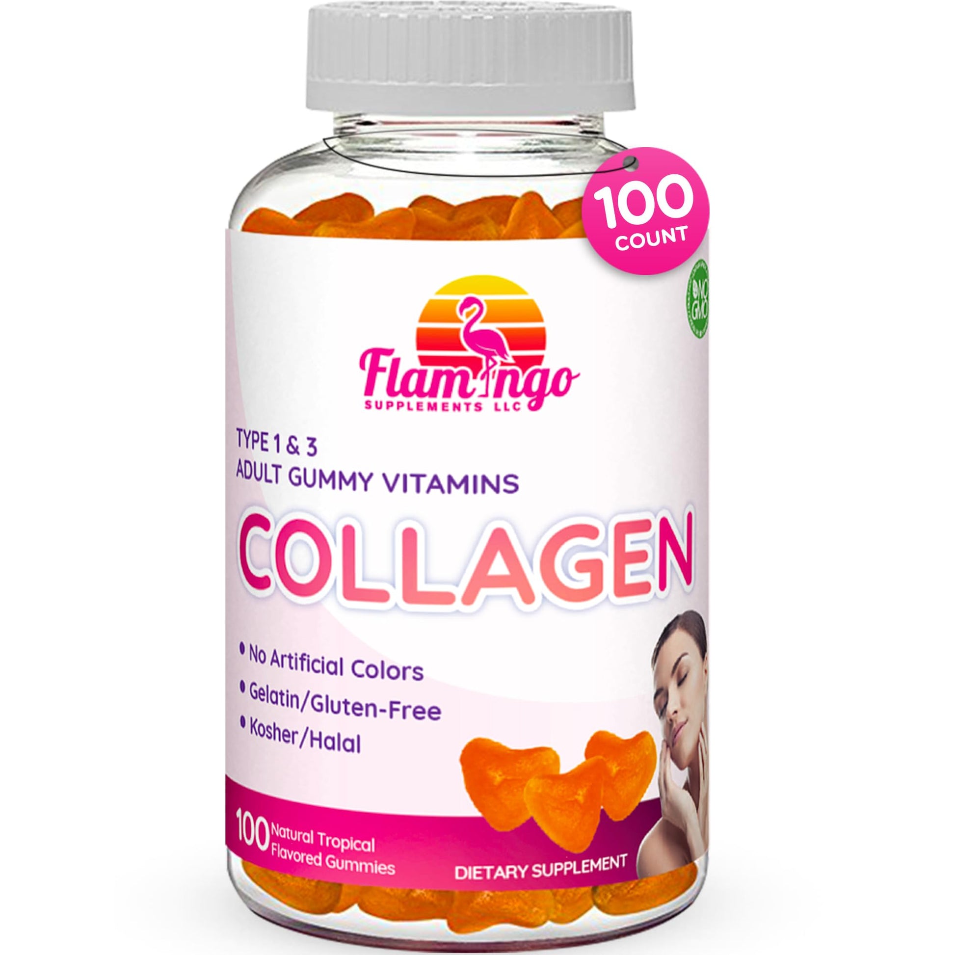 Flamingo Supplements Collagen Gummies, Natural Marine Collagen for Women and Men, Hydrolyzed Types I & II, No Gelatin, Kosher, Halal, 100 Count