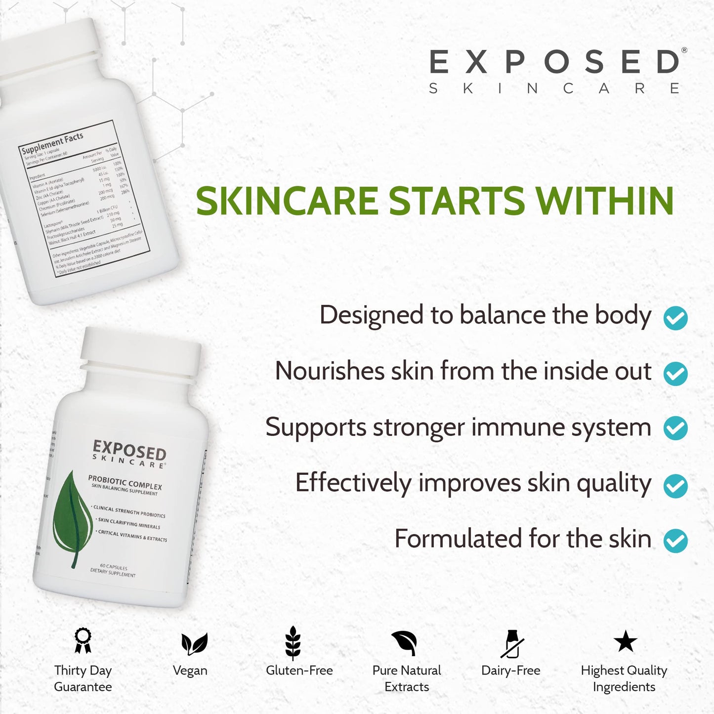 Exposed Skin Care Probiotic Supplement Complex with 1 Billion CFU – Daily Probiotic for Skin, Gut and Immune Health Support – Digestive Wellness Formula for Men and Women – Non-GMO Capsules, 60 Count