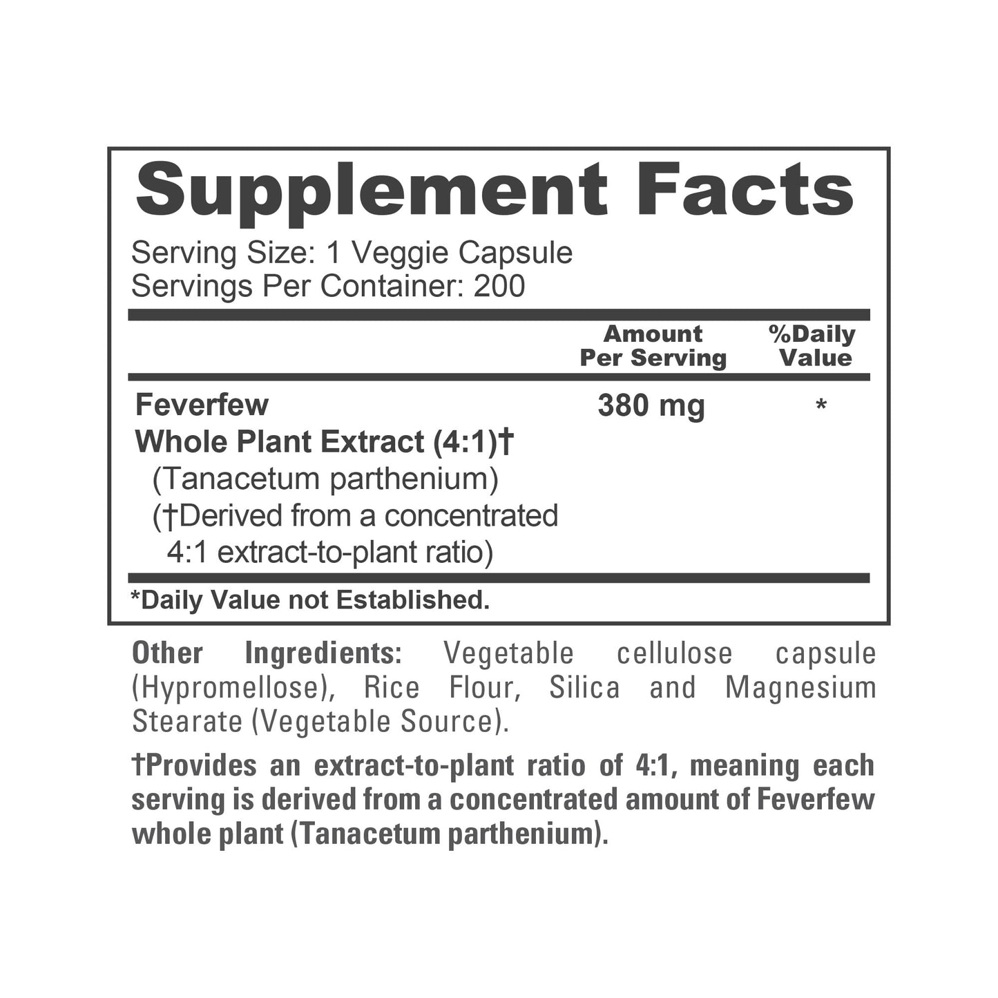 NusaPure Feverfew 380 mg Capsules, 200 Count