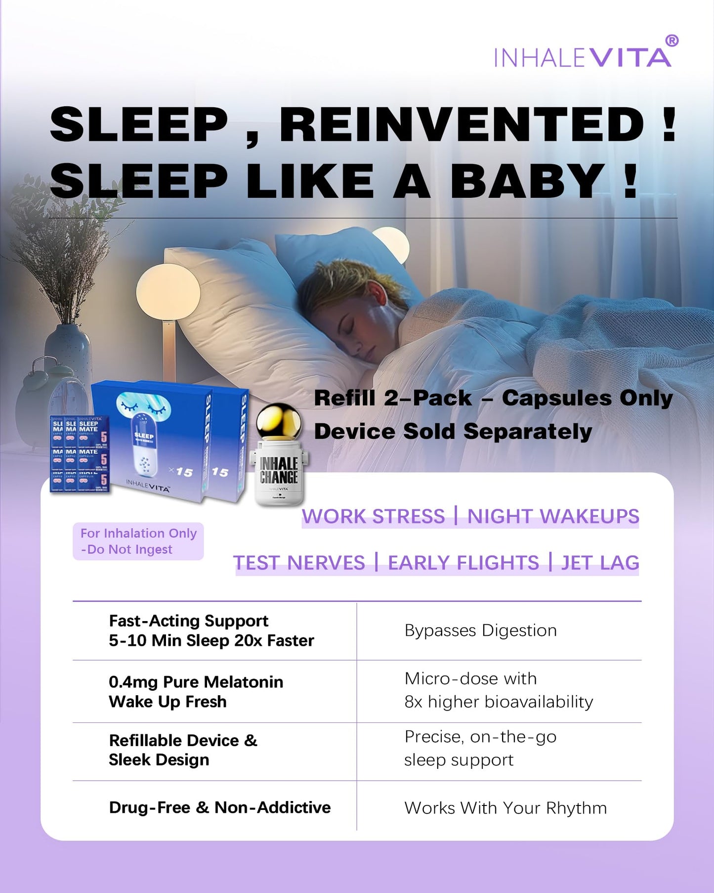 INHALEVITA Melatonin Inhaler Sleep Aid Capsules Powder 1.4 Ounce