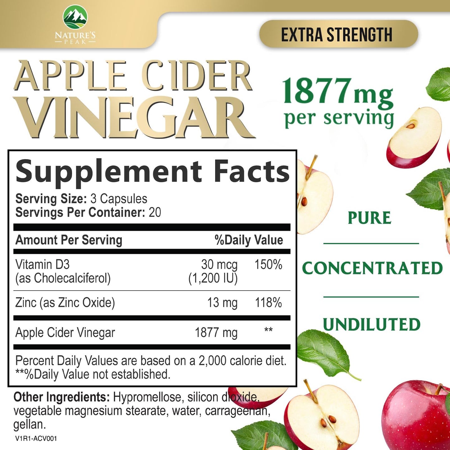 Nature's Peak Apple Cider Vinegar 1877mg Per Serving ACV Supplement Capsules, 60 Capsules