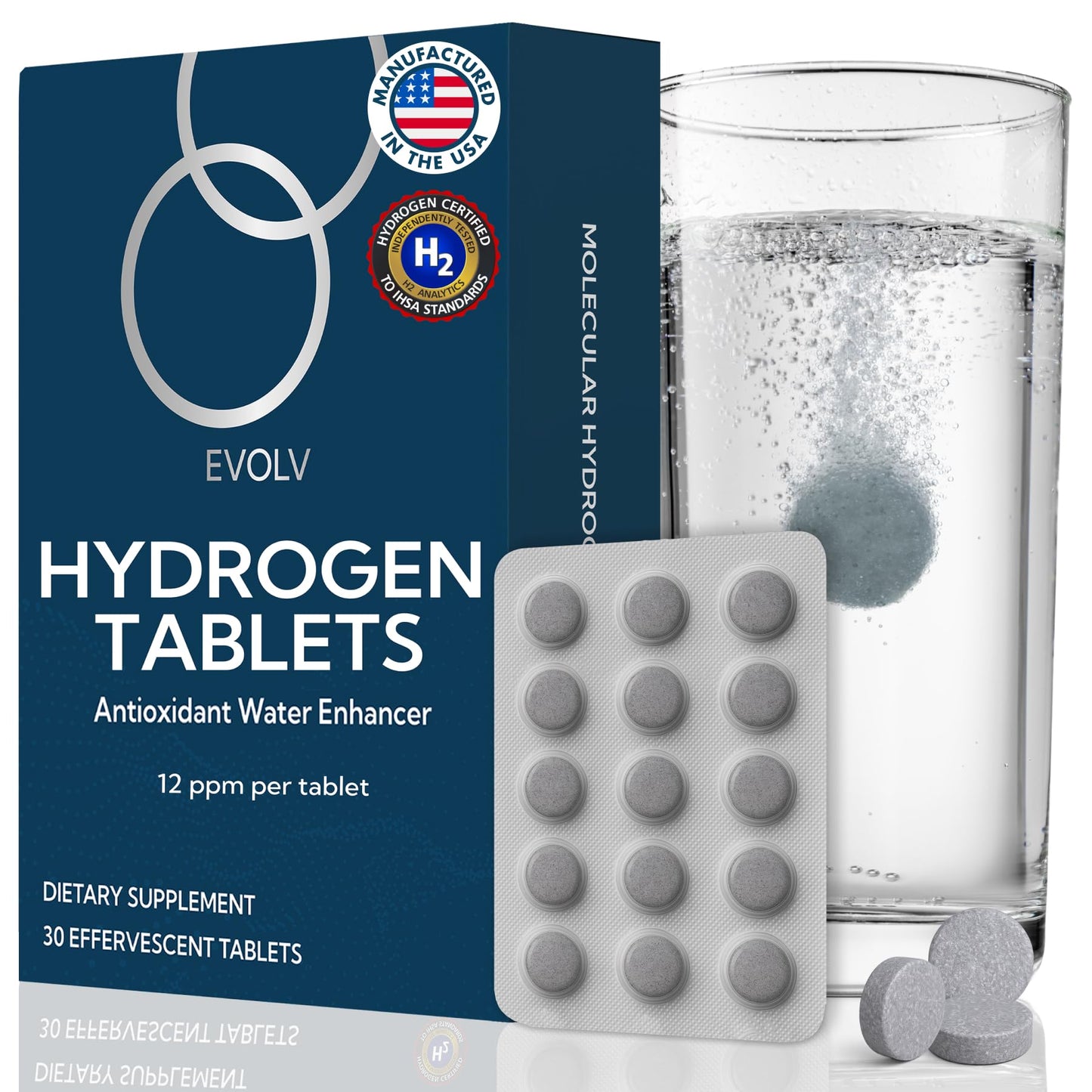 EVOLV Hydrogen Water Tablets, 12 PPM Molecular Hydrogen for Hydrogen-Rich Drinking Water, with Magnesium & Calcium, 30 Tablets