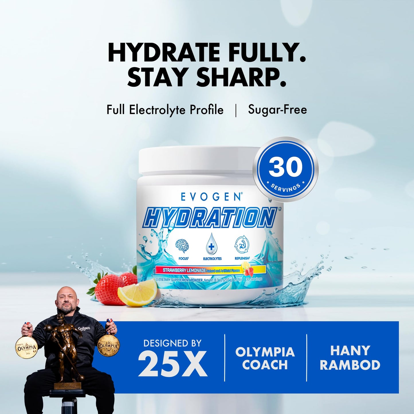 Evogen Hydration Sugar-Free Electrolytes Powder, 30 Servings