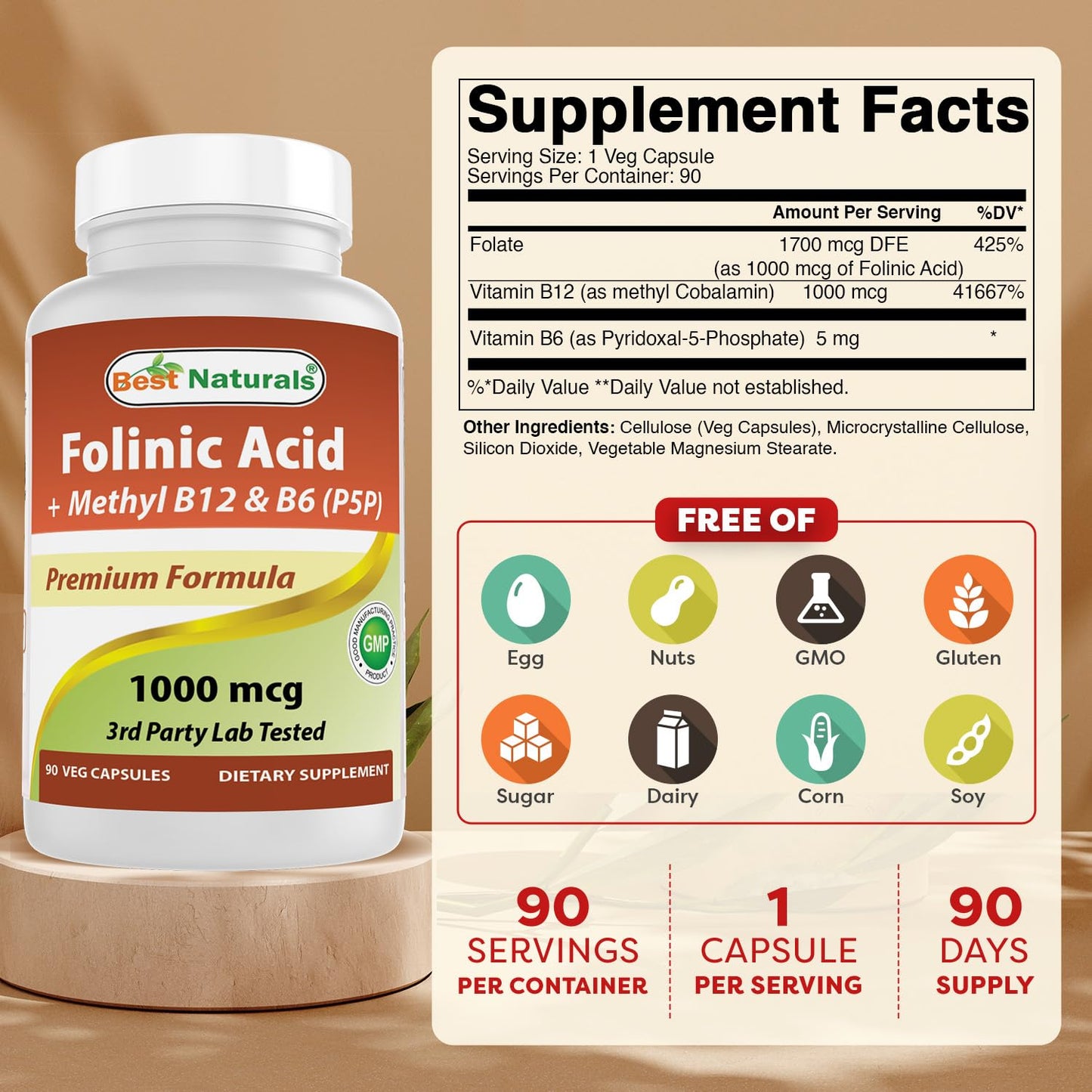 Best Naturals Folinic Acid 1000 mcg with Methyl B12 1000 mcg & Vitamin B6 (P5P) 5 mg, 90 Veg Capsules