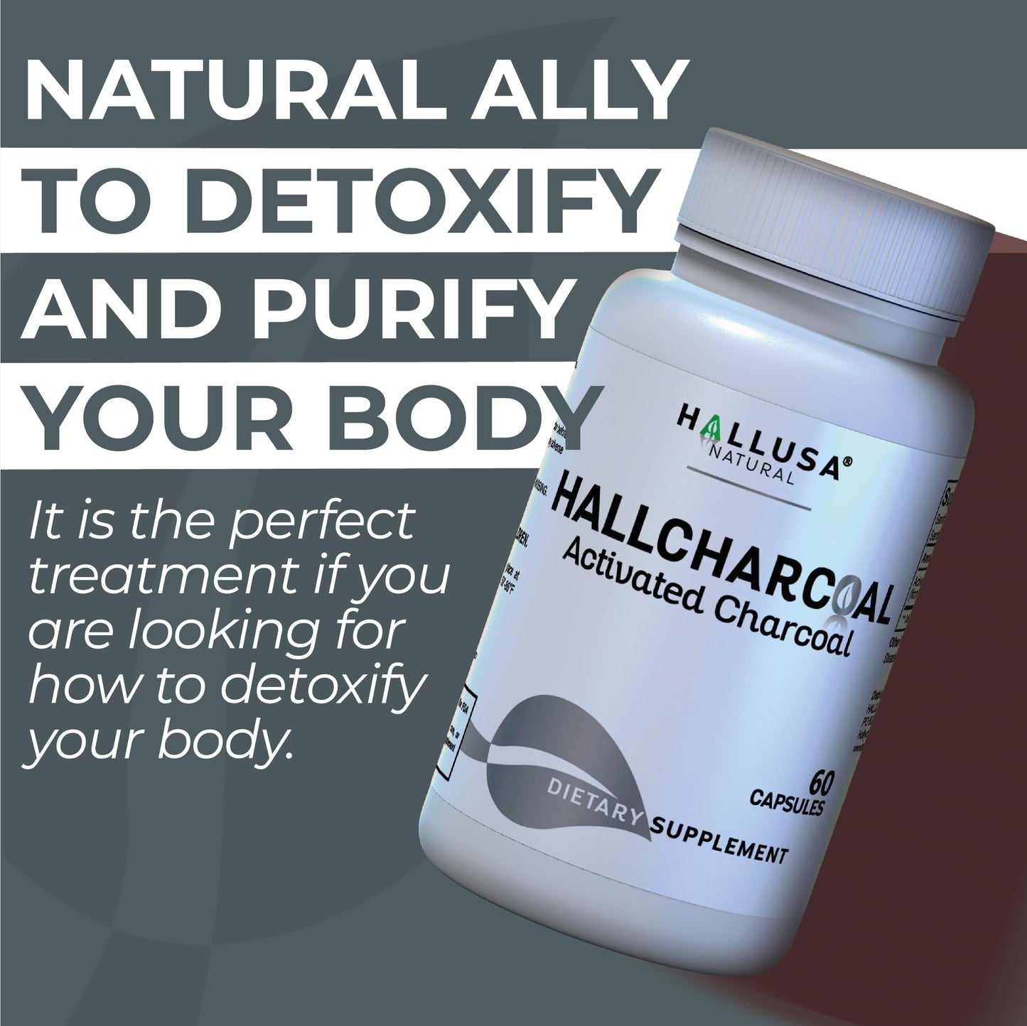 Hallusa Natural HallCharcoal Activated Charcoal 520 mg Coconut Shells Gas & Bloating Digestive Supplement 60 Capsules