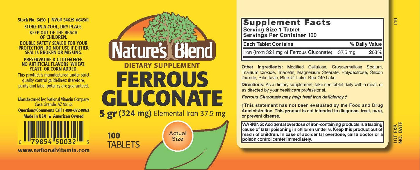 Nature's Blend Ferrous Gluconate Tablets 100 Count