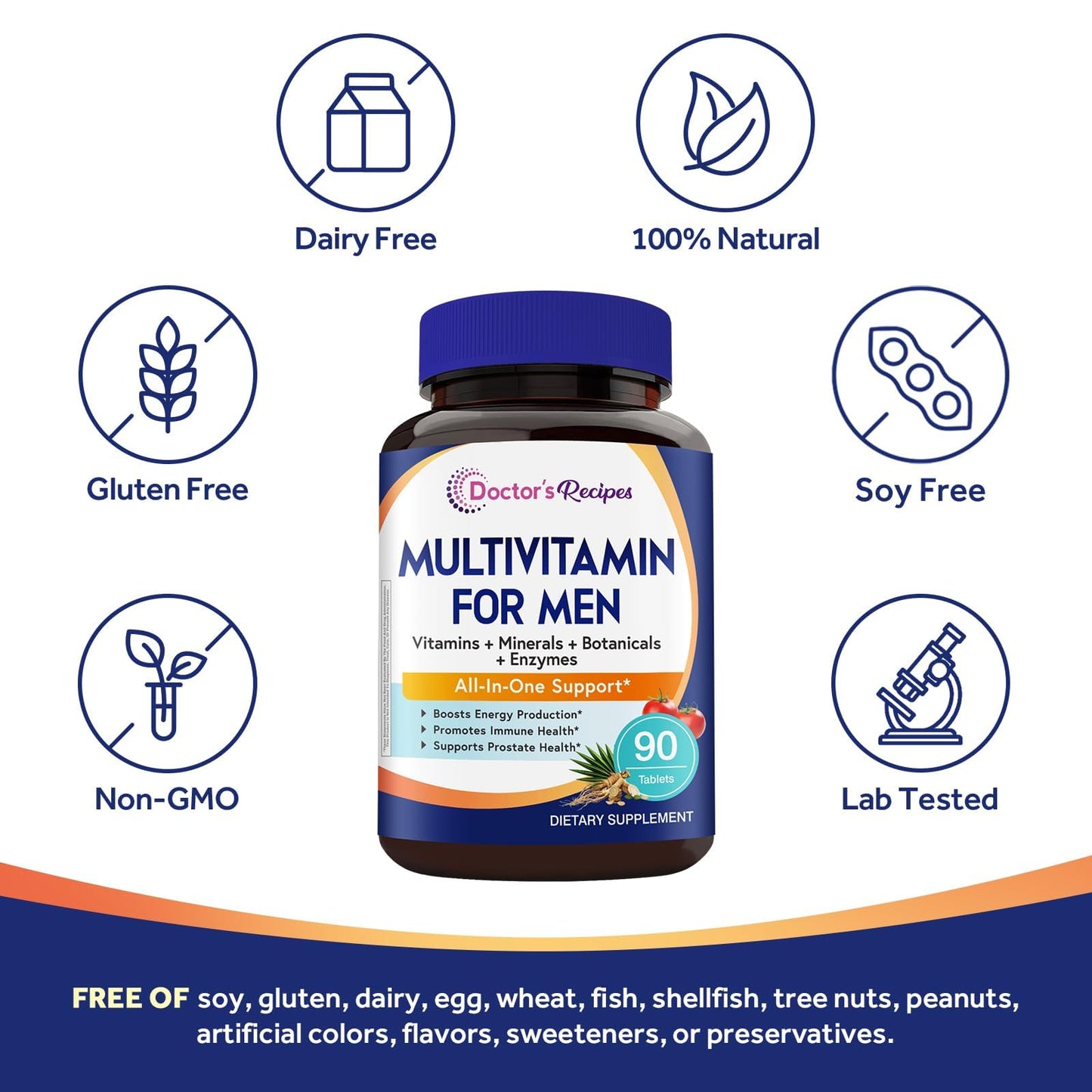 Doctor's Recipes Multivitamin for Men, Comprehensive Daily Multivitamin with Lycopene, Saw Palmetto, Vitamins A, B6, B12, C, D, E, Zinc & More, Heart, Energy, Prostate & Immune Health, 90 Tablets