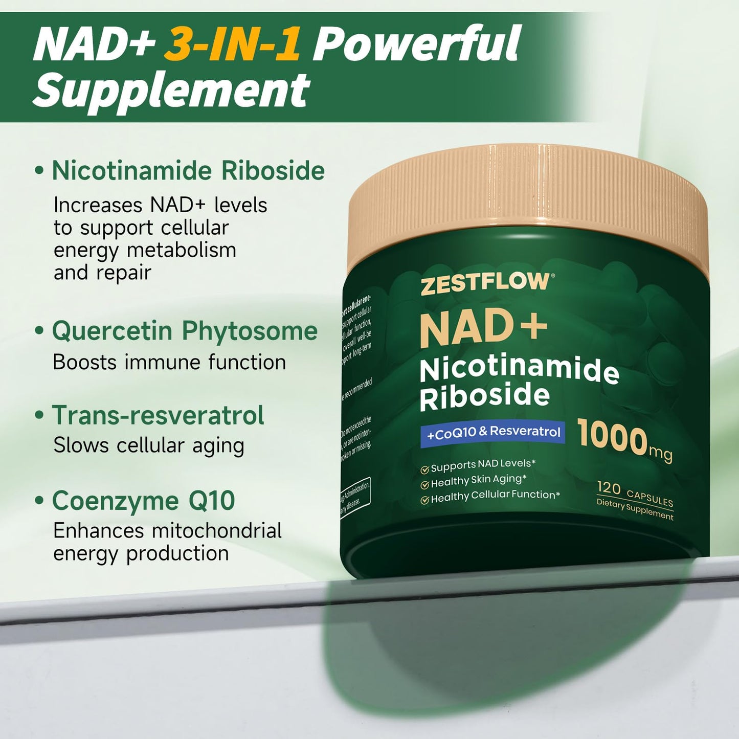 ZESTFLOW NAD+ Nicotinamide Riboside Resveratrol 1000mg Liposomal NAD Supplement for Cellular Energy and Healthy Aging, 120 Capsules