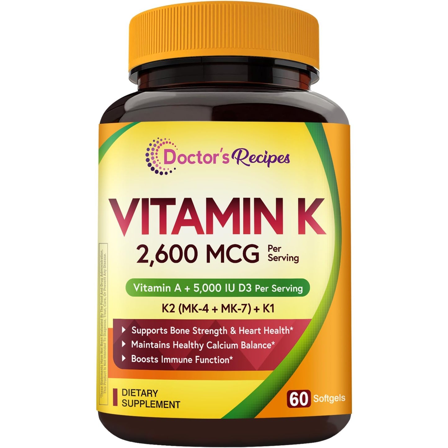 Doctor's Recipes Vitamin K with Vitamin A & D3, K1 + K2 (MK-7 & MK-4) Softgels 60