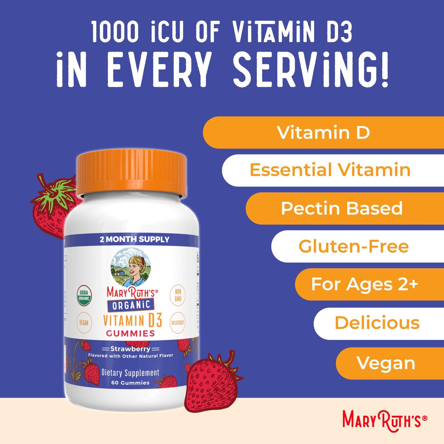 MARYRUTH'S Organic Vitamin D3 Gummies 1000 IU 60 Count