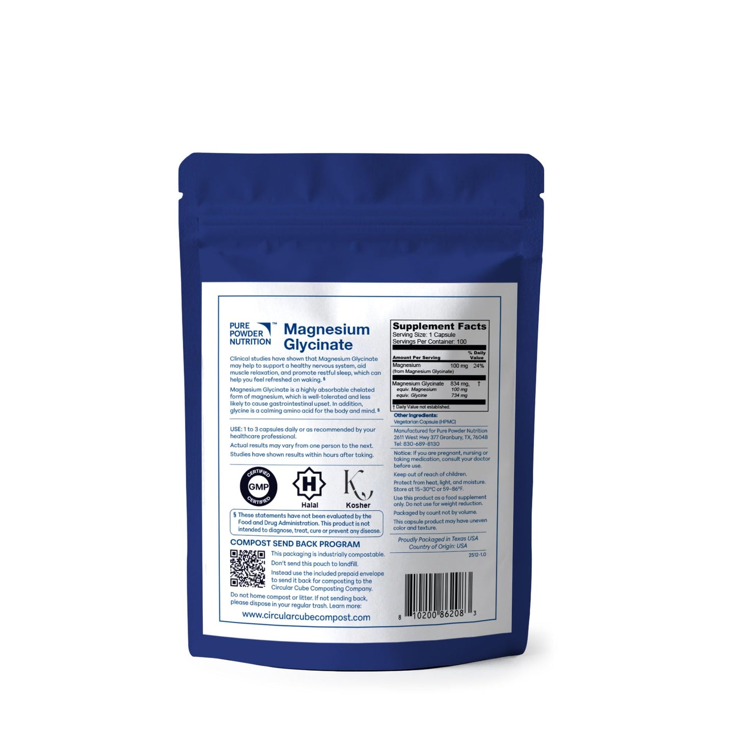 Pure Powder Nutrition Magnesium Glycinate Capsules, 100 Count