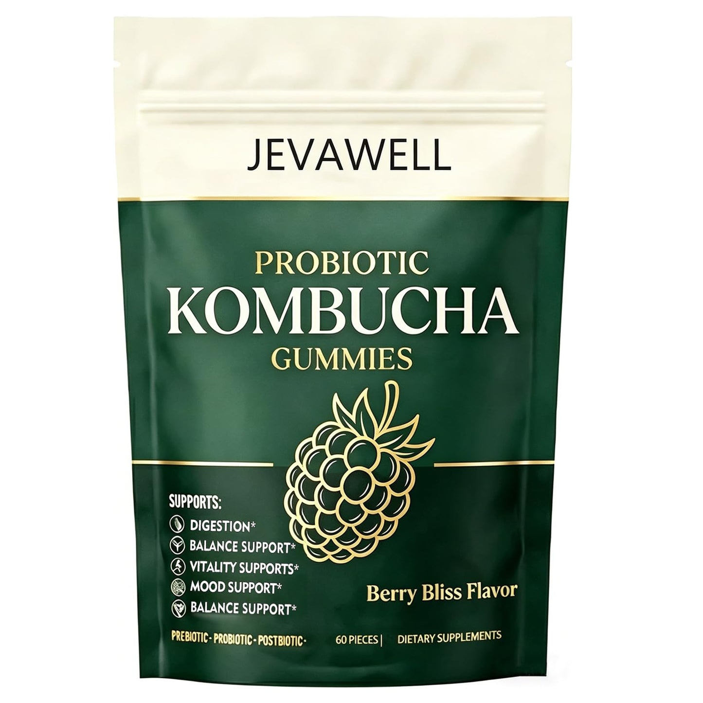 VZTOOV Jevawell Probiotic Kombucha Gummies with Prebiotics, 60 Gummies