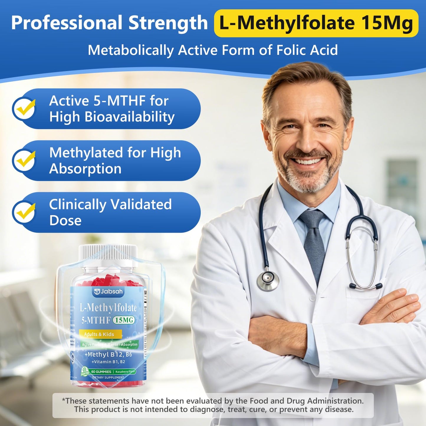 Jabsah L-MethylFolate 15mg + Methyl B12 Gummies, 60 Count