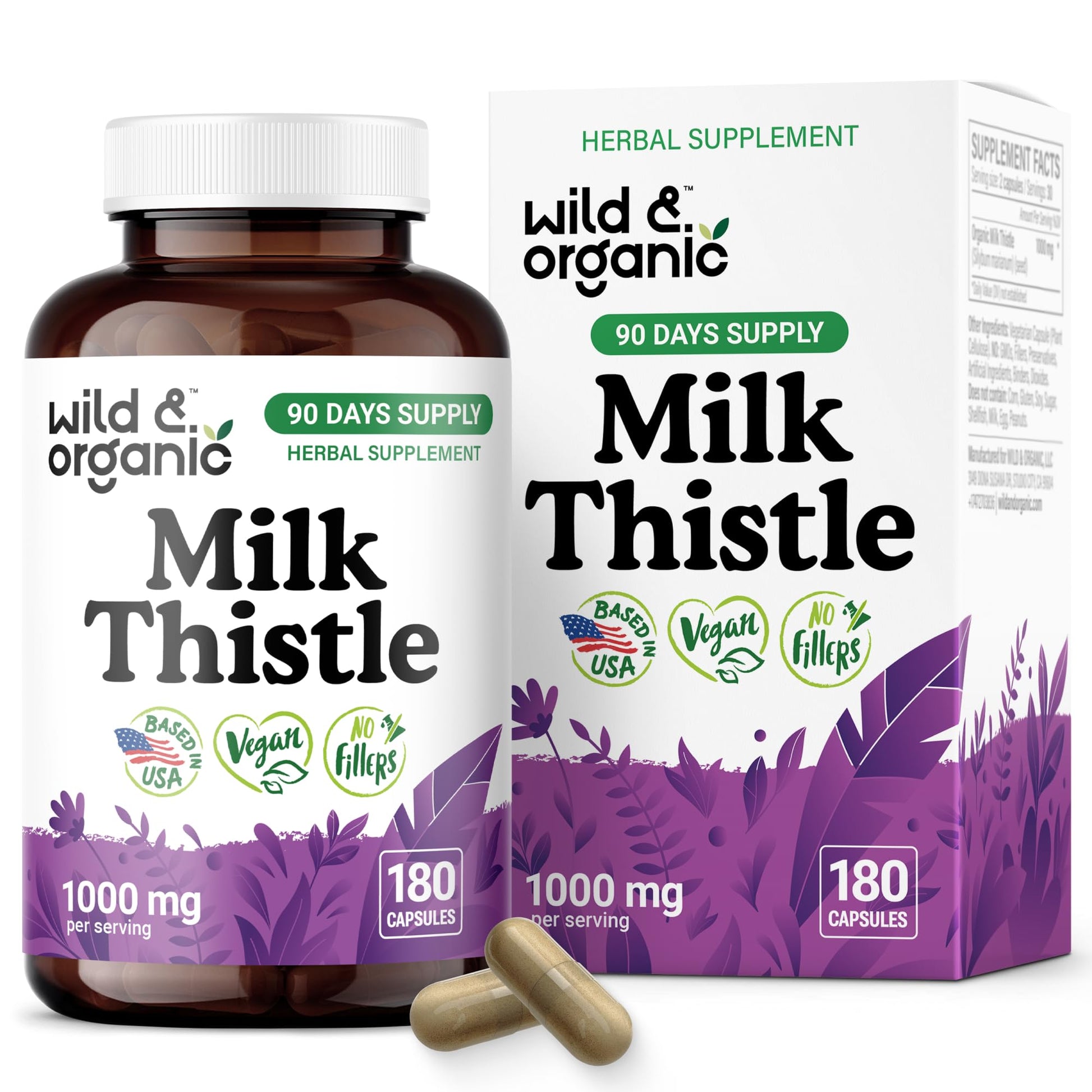 Wild & Organic Milk Thistle 1000mg Capsules, 180 Count