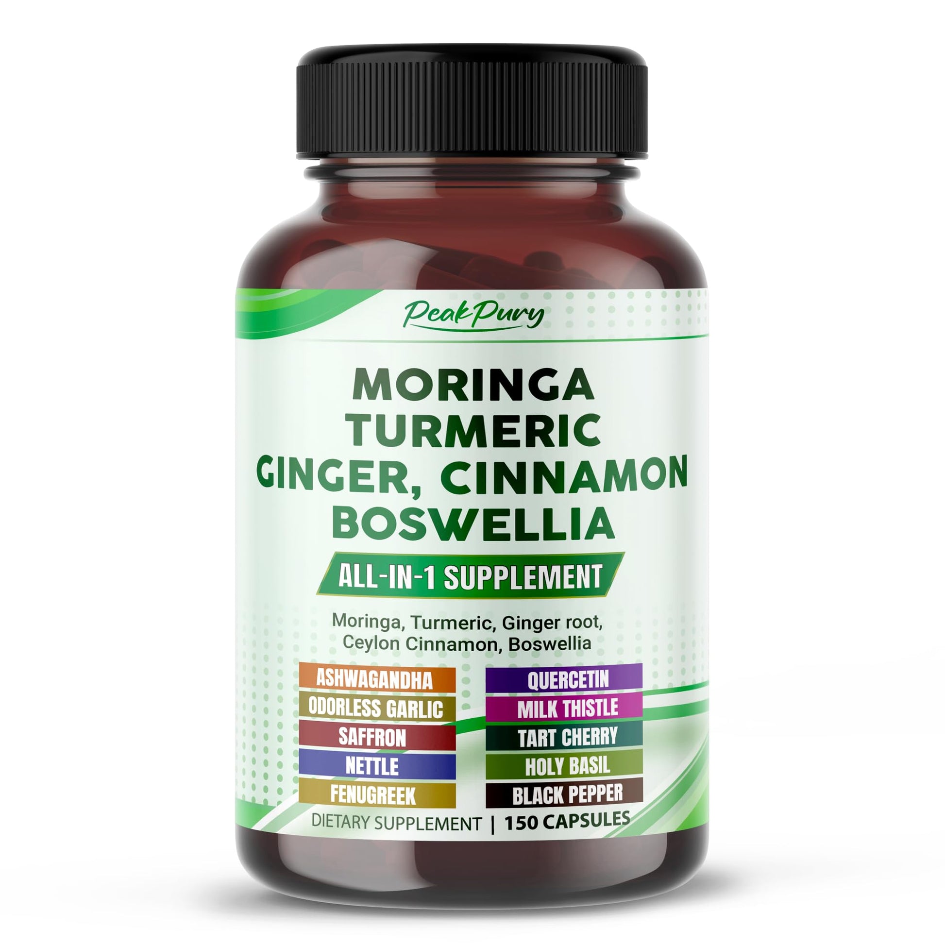 PEAKPURY Moringa Turmeric Ginger Root Ceylon Cinnamon Boswellia Capsules, 150 Count