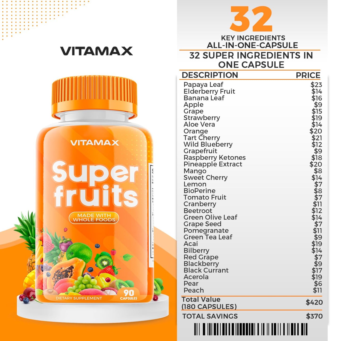 Vitamax Super Fruit and Vegetable Supplements – Whole Superfood Vitamins & Minerals – 180 Capsules