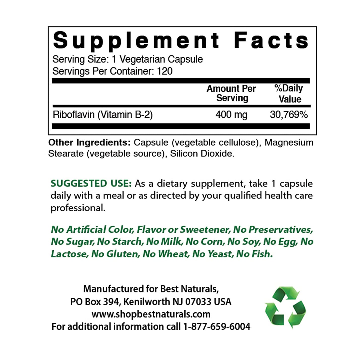 Best Naturals Vitamin B2 (Riboflavin) 400 mg & Magnesium Glycinate 425 mg Capsules, 120 Count