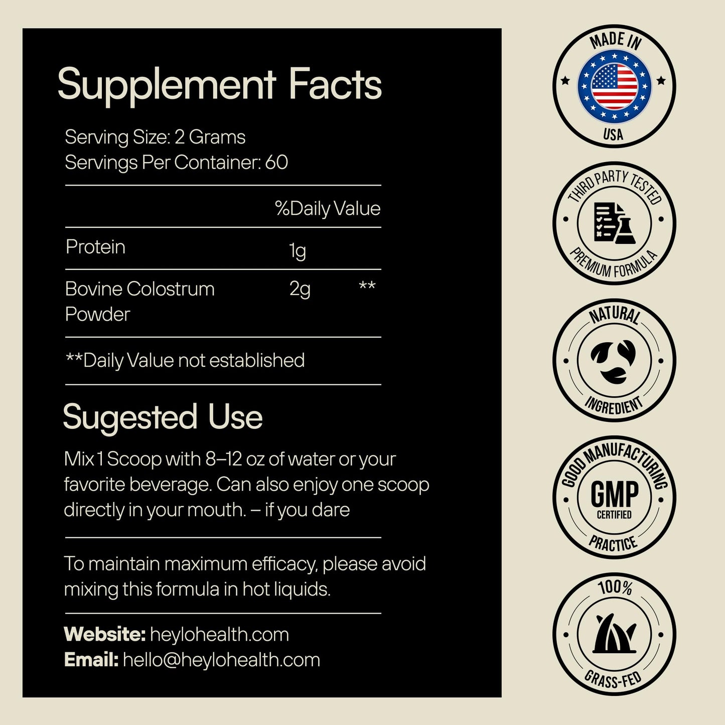 Heylo Health Premium Colostrum Powder, 60 Servings