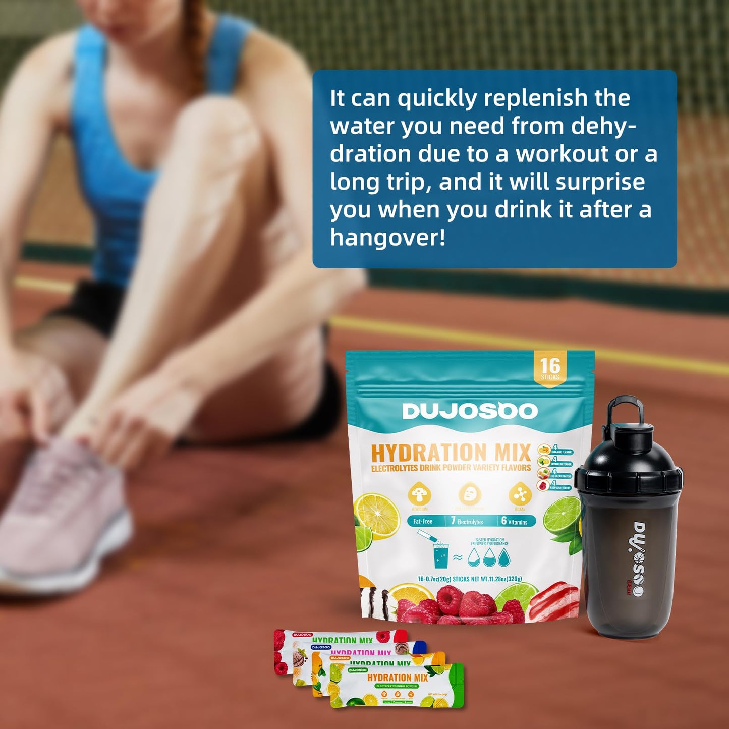 Dujosoo Electrolyte Powder, Sugar-Free Variety Flavors, Orange, Lemon, Raspberry, Ice Cream, 7 Electrolytes, 6 Vitamins, Lion's Mane, Collagen, BCAA, Vegan, Non-GMO, 11.36 oz
