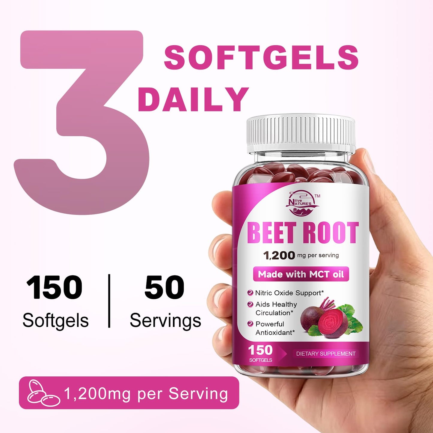 Nature's live Beet Root Supplement with MCT Oil Softgel 150 Count