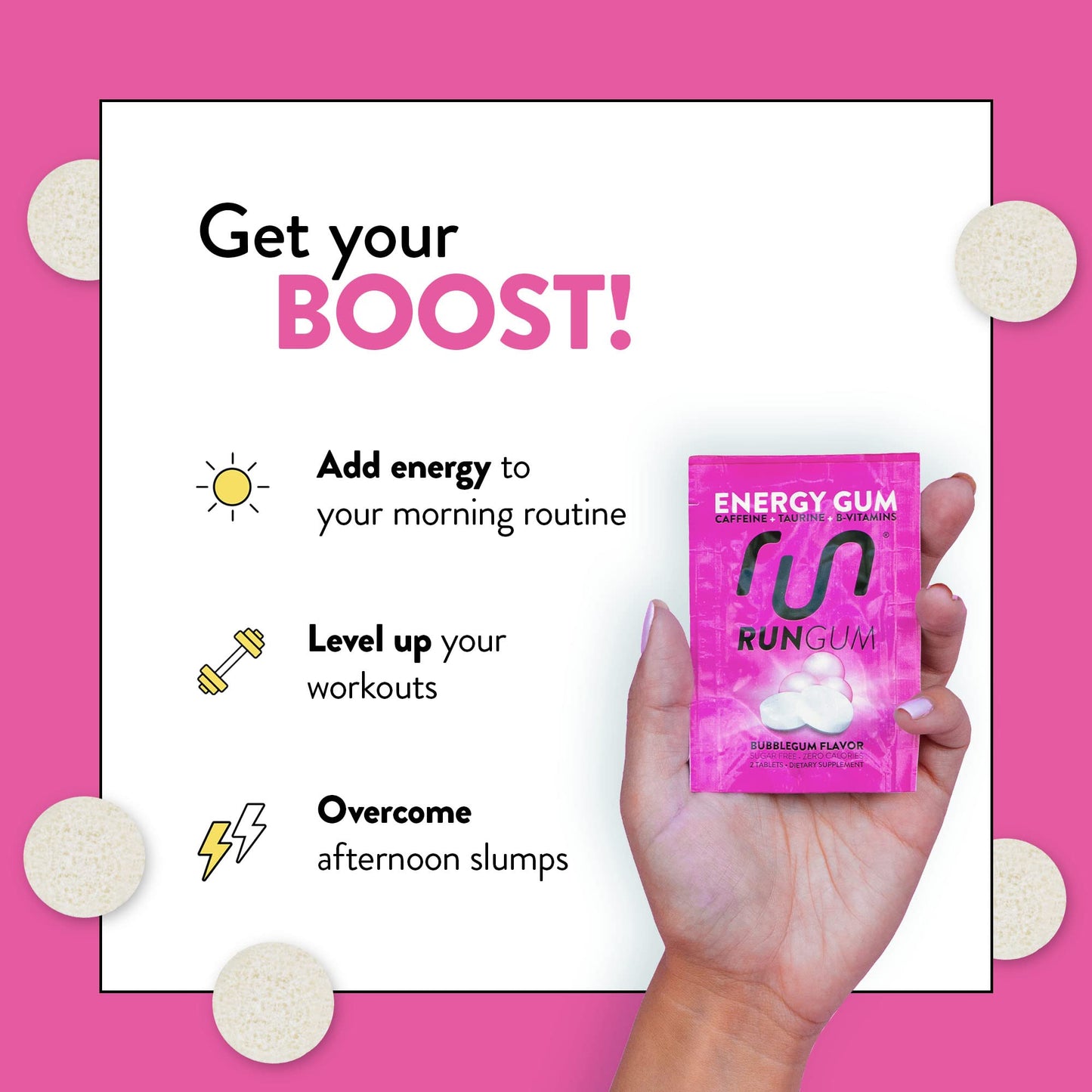 Run Gum Bubblegum Flavor Caffeinated Energy & Focus Gum Chewable 24 Pieces