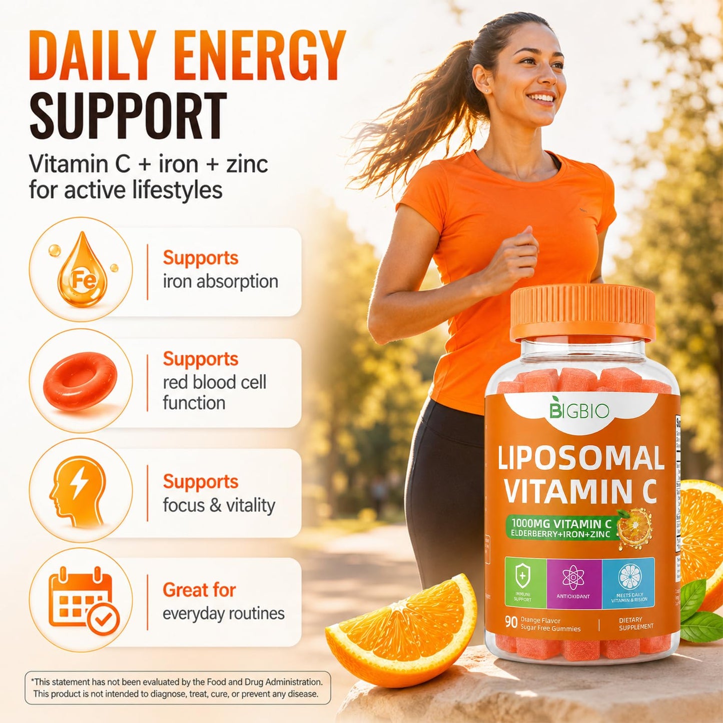 BIGBIO Liposomal Vitamin C Gummies 1000mg with Elderberry, Zinc & Iron for Immune Support, 90 Gummies