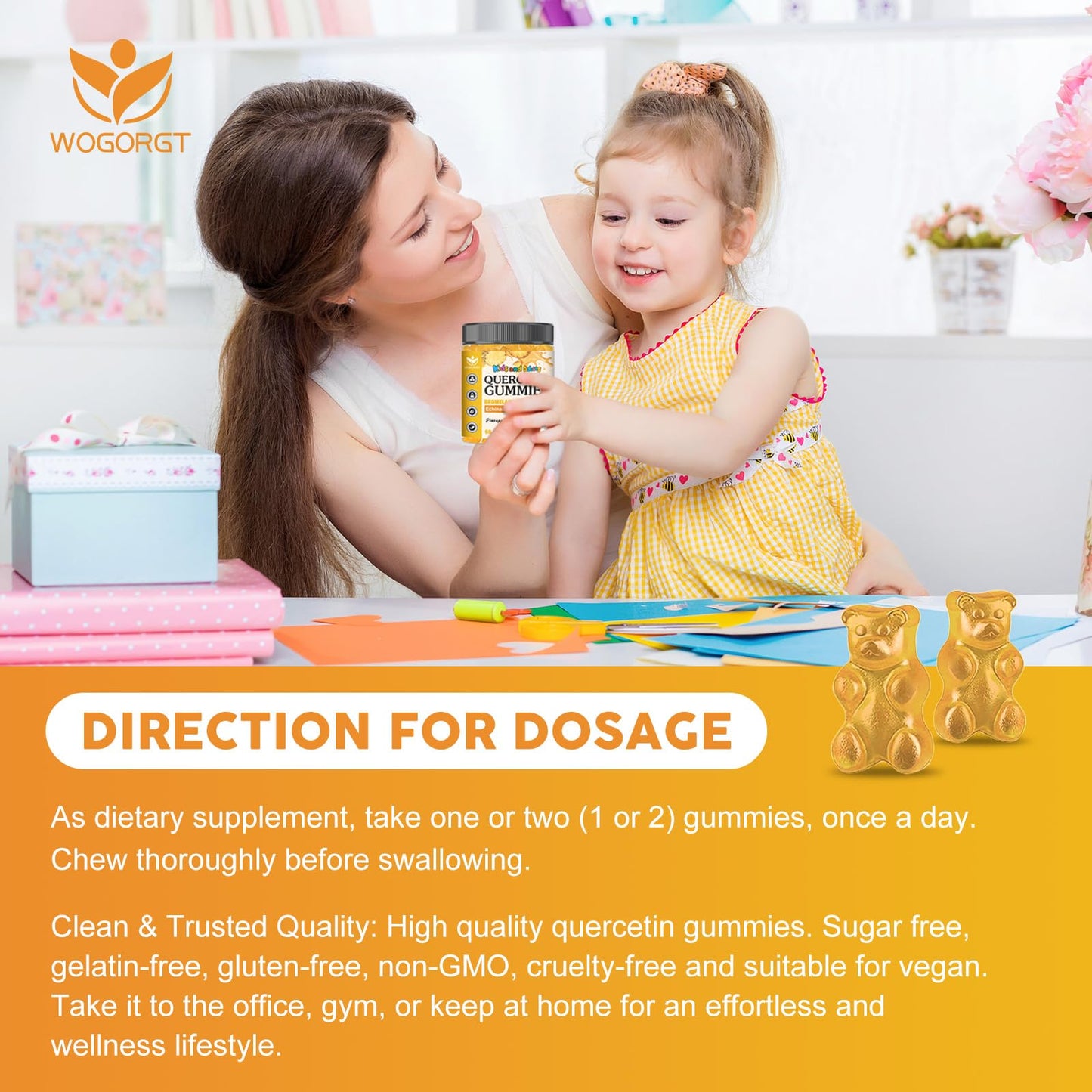 WOGORGT Quercetin Gummies with Bromelain for Adults & Kids - 800mg Quercetin with Elderberry, Vitamin C & D3, Immune Support, Sugar Free, Vegan, Pineapple Flavor, 120 Gummies
